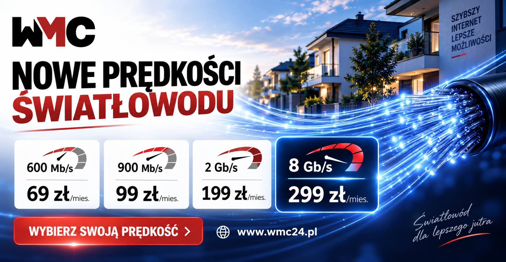 Nowe prędkości światłowodu: 600 Mb/s za 69 zł, 900 Mb/s za 99 zł, 2 Gb/s za 199 zł, 8 Gb/s za 299 zł miesięcznie